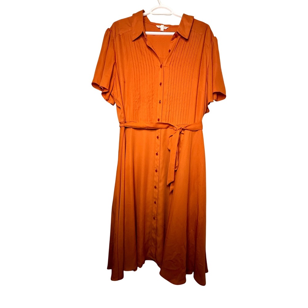 Nanette Lepore Orange Pintuck Belted Midi Shirt Dress 18W Classic Preppy Fall